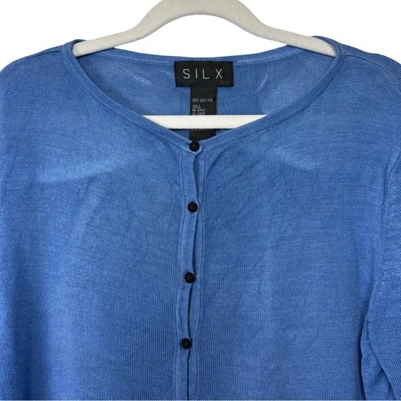 Silx Long Sleeve Silk Button Front Cardigan Light Blue Button Accent Hem Size L - Picture 2 of 8
